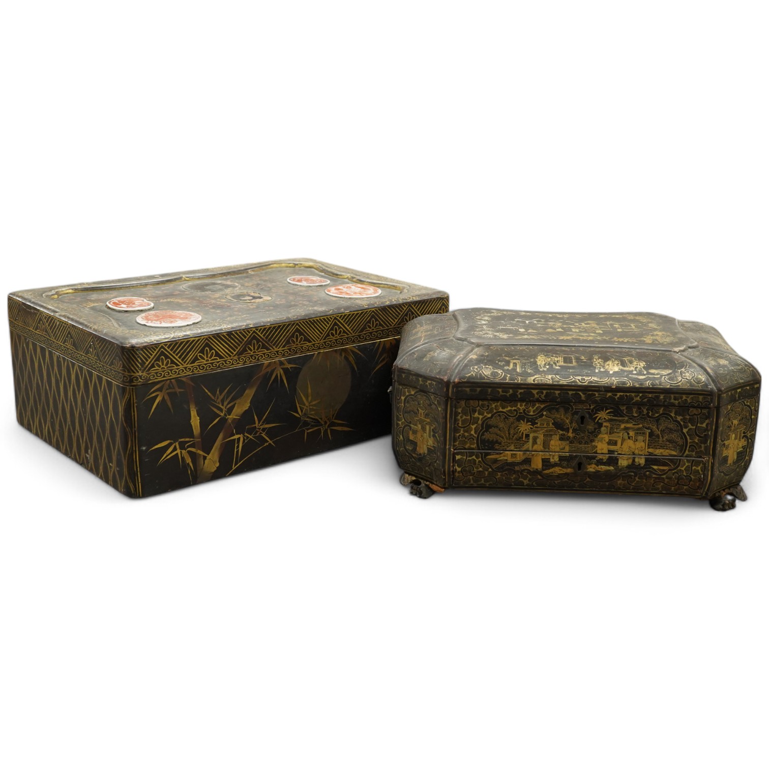 A 19th century Chinese export lacquer box containing assorted mother-of-pearl gaming counters and a 19th century Japanese lacquer box, largest 42.5cm wide. Condition - fair